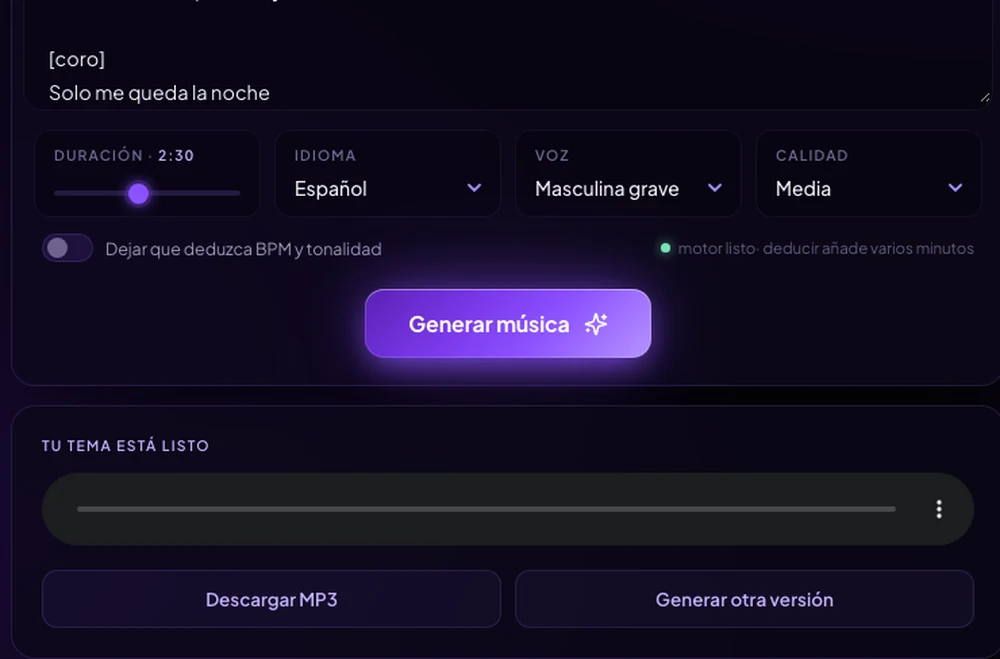Detalle de SONAR: duración, idioma, voz, calidad y la tarjeta con la canción generada