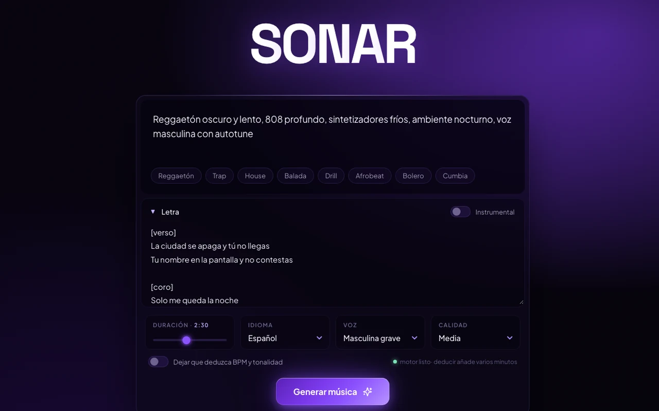 Interfaz de SONAR: descripción de un reggaetón oscuro, letra en español y elección de voz